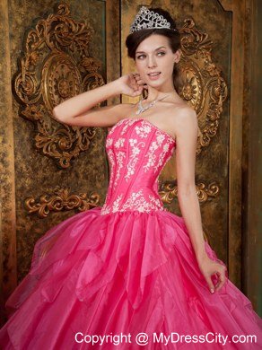 Gorgeous Puffy Strapless Appliques Ruffled Hot Pink Quinceanera Dress