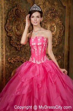 Gorgeous Puffy Strapless Appliques Ruffled Hot Pink Quinceanera Dress