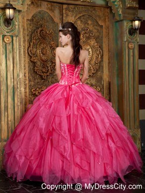 Gorgeous Puffy Strapless Appliques Ruffled Hot Pink Quinceanera Dress