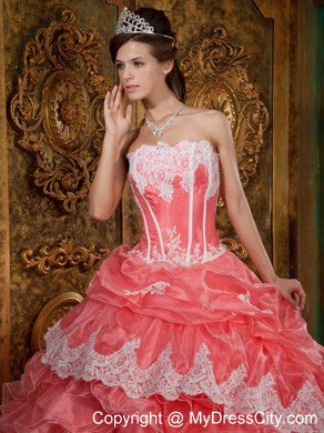 Watermelon Red Strapless Lace Ruffles Quinceanera Party Dress