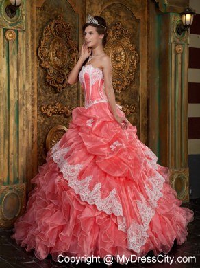 Watermelon Red Strapless Lace Ruffles Quinceanera Party Dress