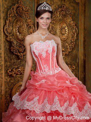 Watermelon Red Strapless Lace Ruffles Quinceanera Party Dress