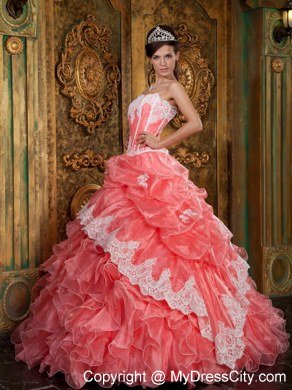 Watermelon Red Strapless Lace Ruffles Quinceanera Party Dress