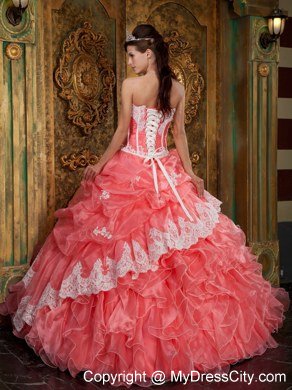 Watermelon Red Strapless Lace Ruffles Quinceanera Party Dress