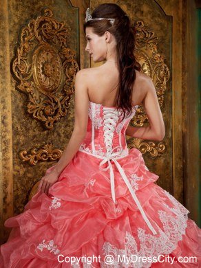 Watermelon Red Strapless Lace Ruffles Quinceanera Party Dress