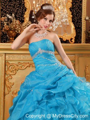 Teal Puffy Tie back Strapless Beading Ruffles Quinceanera Dresses