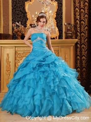 Teal Puffy Tie back Strapless Beading Ruffles Quinceanera Dresses