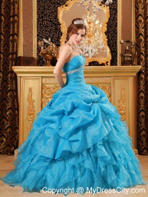 Teal Puffy Tie back Strapless Beading Ruffles Quinceanera Dresses