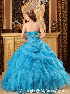 Teal Puffy Tie back Strapless Beading Ruffles Quinceanera Dresses