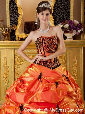 Puffy Strapless Embroidery Orange Quinceanera Dress with Sleeveless