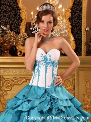 Turquoise Sweetheart Ruffles Layers Embroidery Quinceanera Gowns