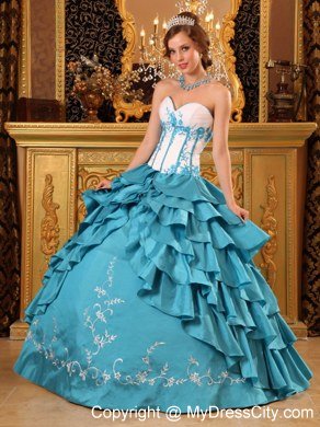 Turquoise Sweetheart Ruffles Layers Embroidery Quinceanera Gowns