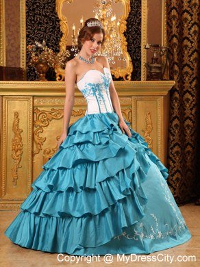 Turquoise Sweetheart Ruffles Layers Embroidery Quinceanera Gowns