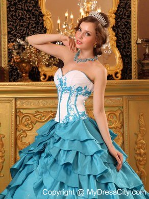 Turquoise Sweetheart Ruffles Layers Embroidery Quinceanera Gowns