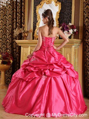 Strapless Embroidery Pick-ups Hot Pink Quinceanera Dress for Sale