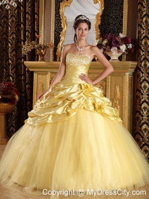 Strapless Beading Bubbles Flowers Yellow Quinceanera Dresses