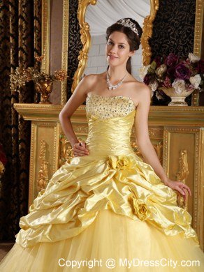 Strapless Beading Bubbles Flowers Yellow Quinceanera Dresses