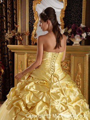 Strapless Beading Bubbles Flowers Yellow Quinceanera Dresses