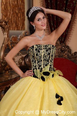 Yellow Strapless Embroidery Flower Affordable Quinceanera Dress