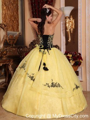 Yellow Strapless Embroidery Flower Affordable Quinceanera Dress