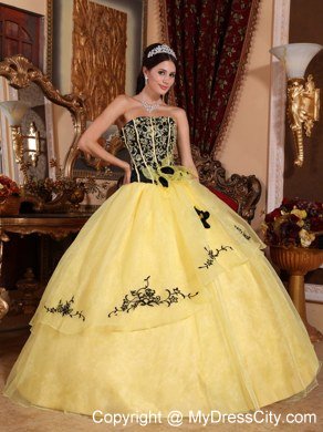 Yellow Strapless Embroidery Flower Affordable Quinceanera Dress