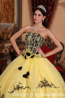 Yellow Strapless Embroidery Flower Affordable Quinceanera Dress