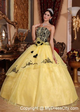 Yellow Strapless Embroidery Flower Affordable Quinceanera Dress