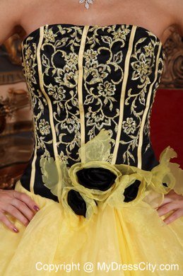 Yellow Strapless Embroidery Flower Affordable Quinceanera Dress