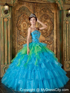 Blue Strapless Appliques Ruffles 2013 Quinceanera Dress for Girl