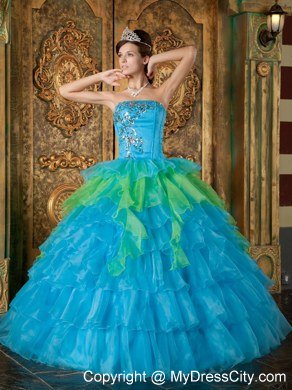 Blue Strapless Appliques Ruffles 2013 Quinceanera Dress for Girl