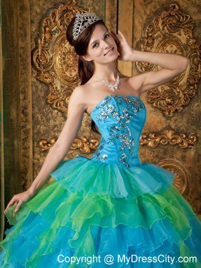 Blue Strapless Appliques Ruffles 2013 Quinceanera Dress for Girl