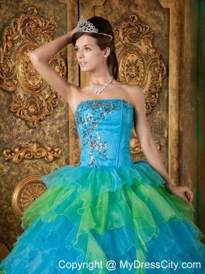 Blue Strapless Appliques Ruffles 2013 Quinceanera Dress for Girl