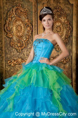 Blue Strapless Appliques Ruffles 2013 Quinceanera Dress for Girl