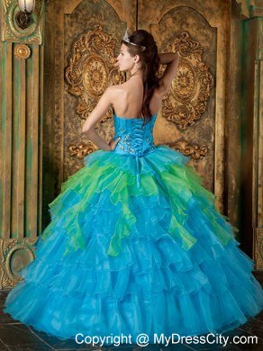 Blue Strapless Appliques Ruffles 2013 Quinceanera Dress for Girl