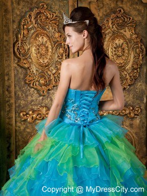 Blue Strapless Appliques Ruffles 2013 Quinceanera Dress for Girl