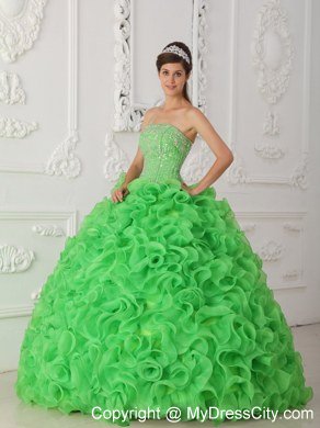 Ball Gown Strapless Beading Ruffles Green Perfect Quinceanera Gowns