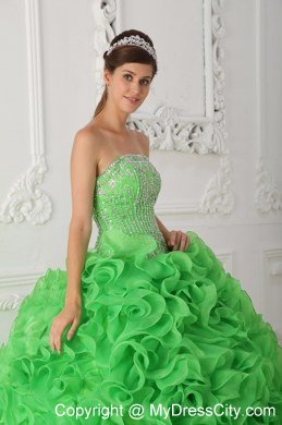 Ball Gown Strapless Beading Ruffles Green Perfect Quinceanera Gowns