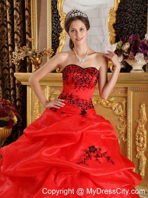 Simple Red Ball Gown Sweetheart Embroidery Long Quinceanera Dresses