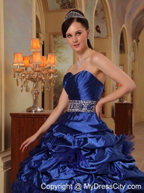 Designer Blue Taffeta Pick-ups and Organza Ruffles Quinceanera Dress