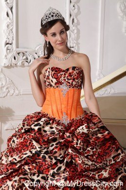 Leopard Print Sweetheart Appliques Brush Train Quinceanera Dress