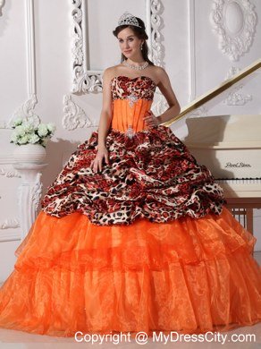 Leopard Print Sweetheart Appliques Brush Train Quinceanera Dress