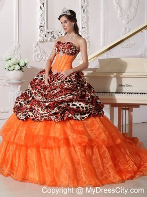 Leopard Print Sweetheart Appliques Brush Train Quinceanera Dress