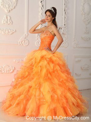 Prefect Orange Organza Sweetheart Beading Ruffles Sweet 15 Dresses