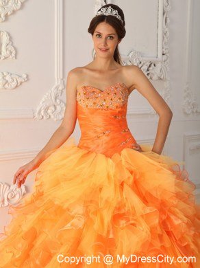 Prefect Orange Organza Sweetheart Beading Ruffles Sweet 15 Dresses