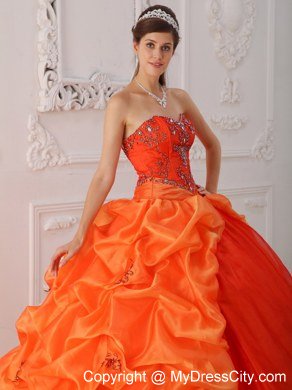 Court Train Beading Embroidery Quinceanera Dress in Orange Red