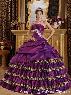 One Shoulder Appliques layered Leopard Purple Dress for Quince 2013