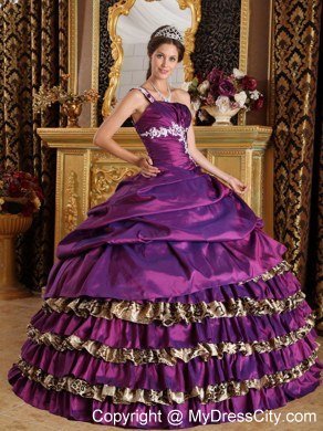 One Shoulder Appliques layered Leopard Purple Dress for Quince 2013