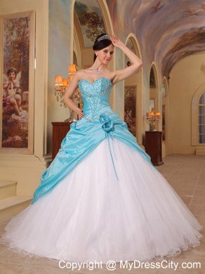 Aqua Blue and White Beading Sweetheart Princess Quinceanera Dress