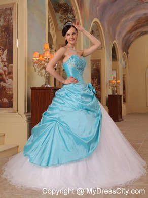 Aqua Blue and White Beading Sweetheart Princess Quinceanera Dress