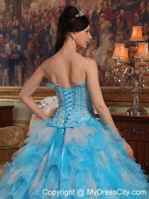 Beading Ruffles Aqua Blue Quinceanera Dresses With Dropped Waist